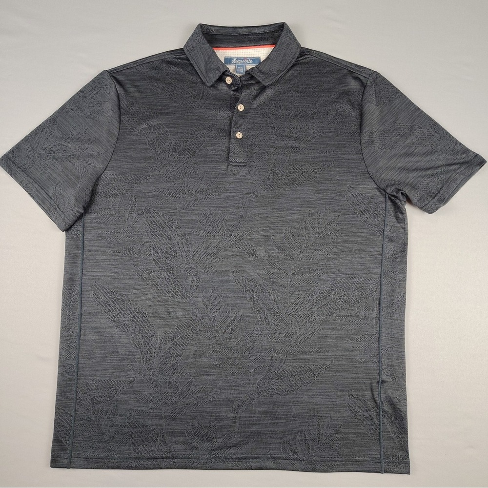 Seapointe Polo Shirt Mens M Gray Tonal Palm Print Performance Golf Casual Travel